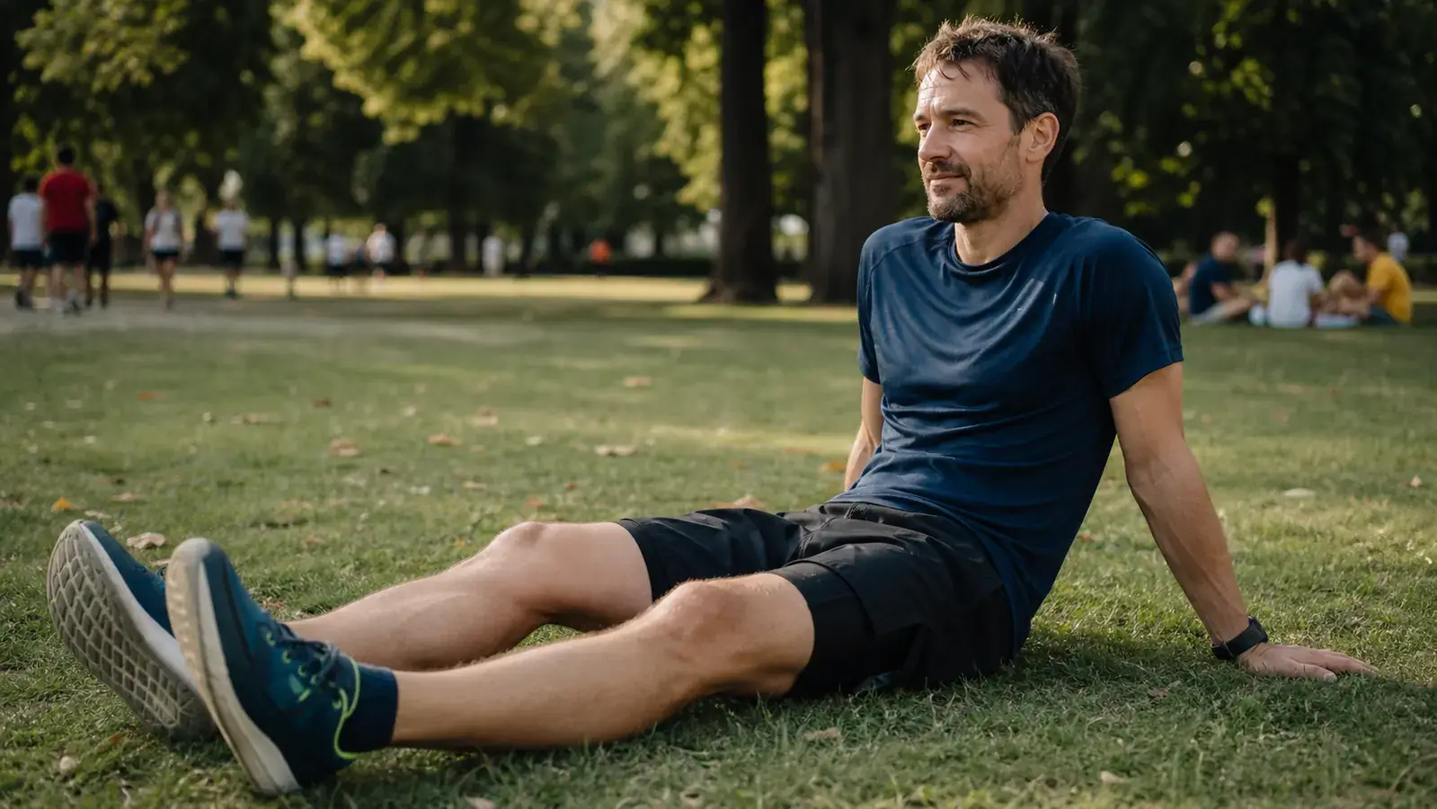 Runner stretching calves on a park bench post-run while still wearing compression sleeves