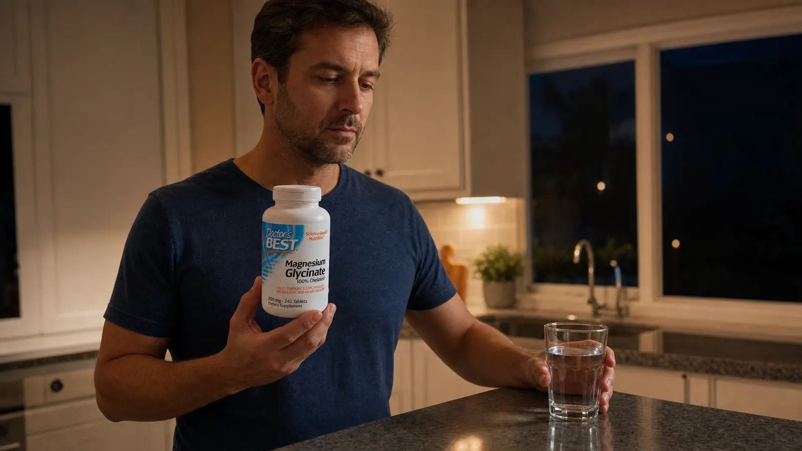 Doctor's Best Magnesium Glycinate bottle held in a man's hand next to a gym bag
