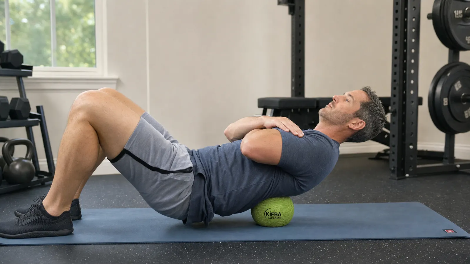 Lacrosse ball set of two placed next to a foam roller on a gym bag