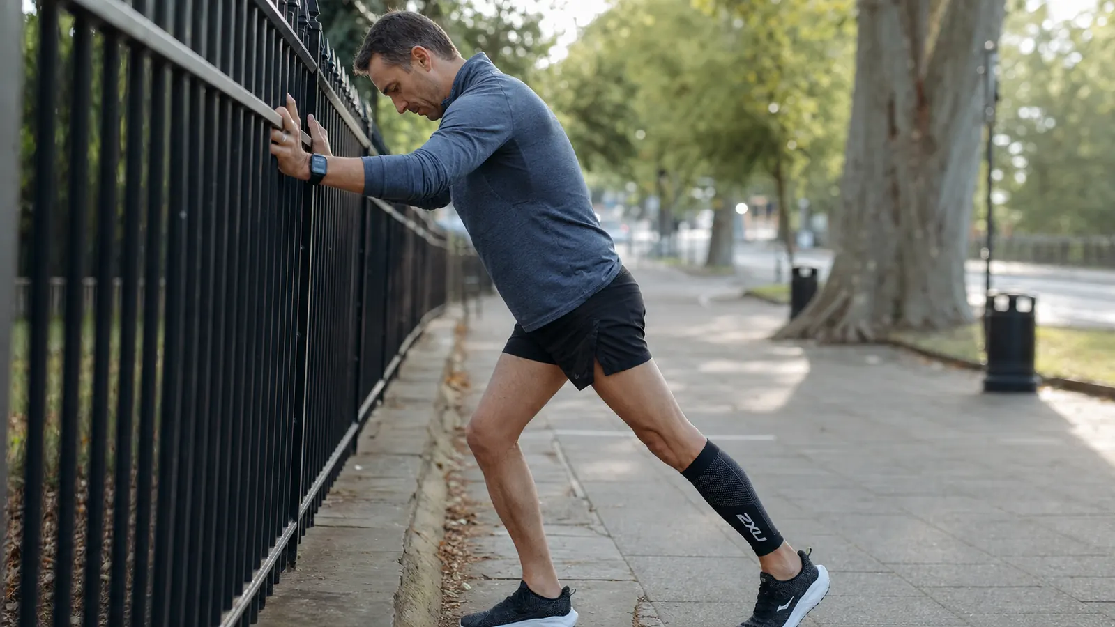 Runner stretching calves against a car bumper post-run, wearing compression sleeves