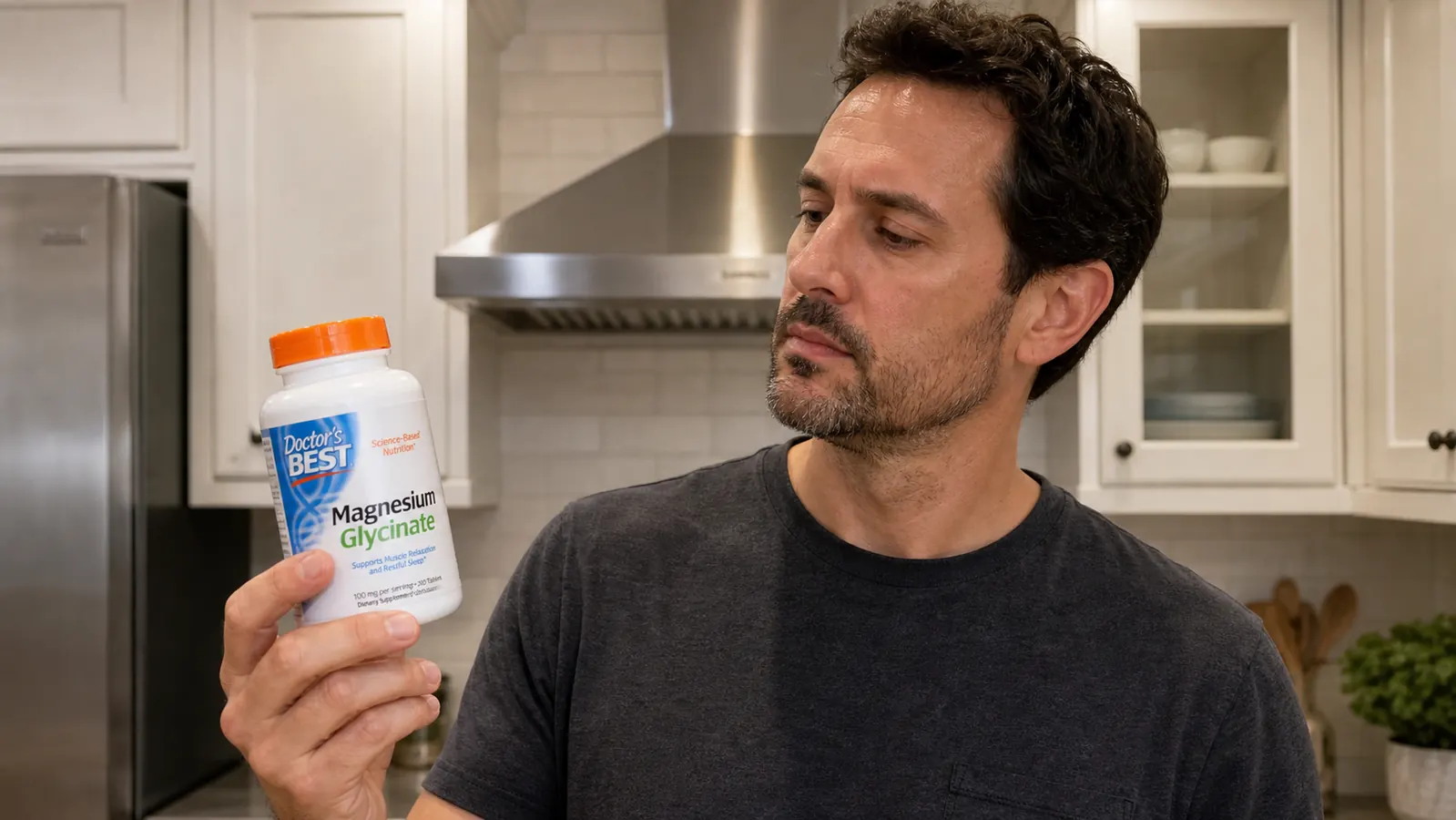 Hand holding a Doctor's Best magnesium glycinate tablet next to an open bottle, gym bag in the background