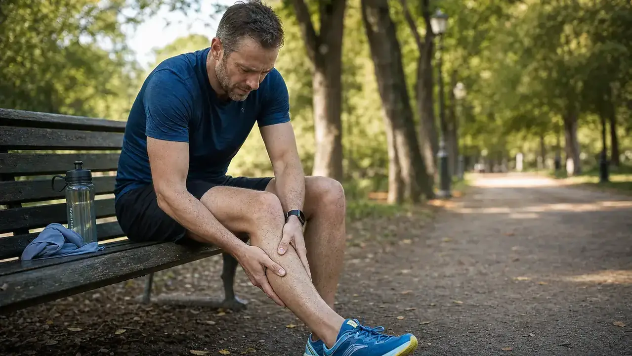 Runner icing shins while wearing a compression sleeve after a trail run