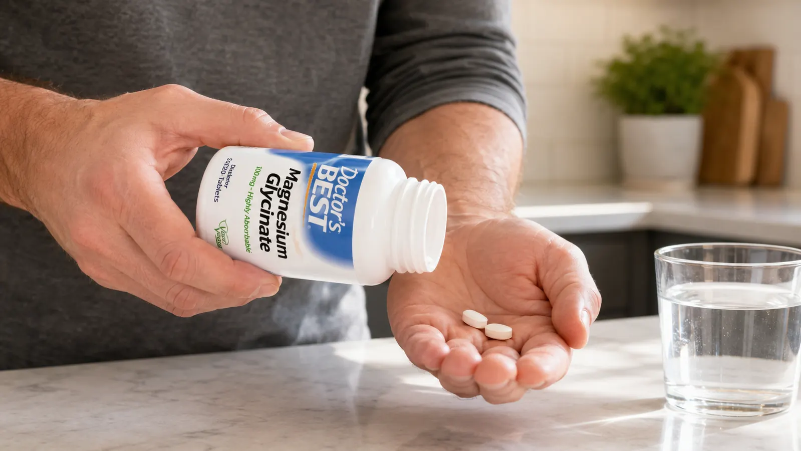 Close-up of Doctor's Best Magnesium Glycinate bottle next to a glass of water on a nightstand with a dim lamp on