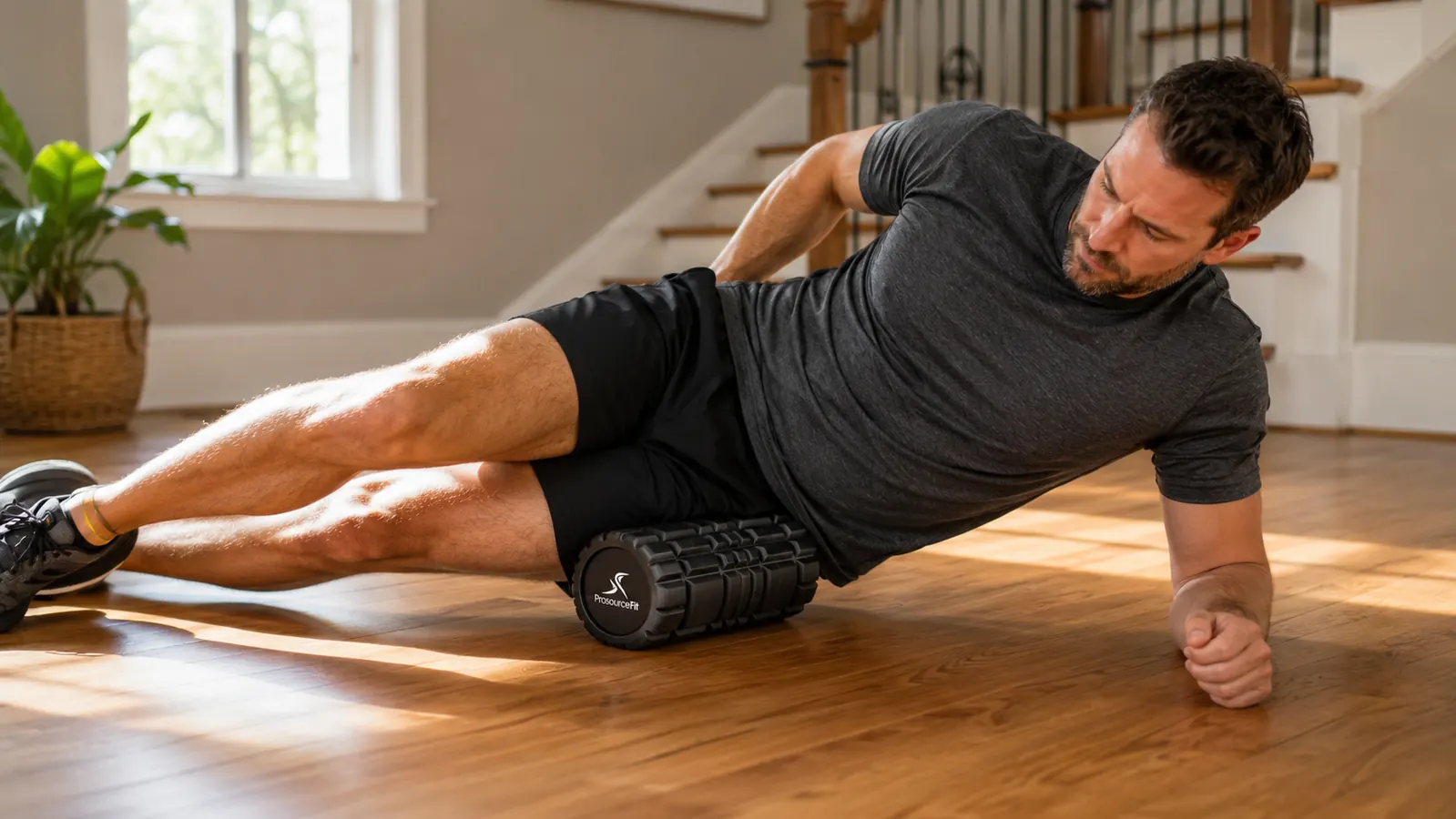 Man pressing his hand firmly into a foam roller demonstrating the density difference between a firm and a soft roller